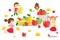 Boys and girls happy for fresh import fruit icons vector illustration. Children character smiling, running around with