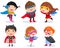 Boys and girls in superhero costumes on white background