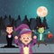 Boys with halloween costumes in front of trees at night vector design