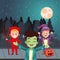 Boys with halloween costumes in front of trees at night vector design