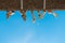 Boys legs in shoes hanging from the bridge against blue sky