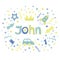 The boys name JOHN written in a nice font surrounded by car, stars, rocket and arrows .