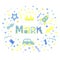 The boys name MARK written in a nice font surrounded by car, stars, rocket and arrows .