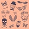 Boys patches collection. Vector tattoo of outline boys icons, such as crowned scull, death s-head, scull and bones