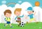 Boys play football. Children playing soccer in the park Vector illustration.