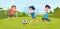 Boys playing football. Running outdoor kids with football ball on grass exact vector cartoon background