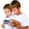 Boys playing portable video game