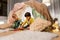 Boys playing toy blocks in kids tent at home