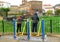 Boys playing on a walking or balancing gymnastic apparatus