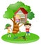 Boys raking leaves and girl on treehouse