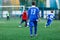 Boys in red and blue sportswear plays  football on field, dribbles ball. Young soccer players with ball on green grass.