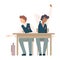 Boys Sitting At School Desk and Yawning During Lesson Vector Illustration