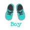 Boys sneakers hand drawing. Blue polka dot coloring. Print Design - It`s a boy. Vector illustration of a pair of baby