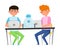 Boys Teenagers Sitting at Table Engineering and Configurating Robot Vector Illustration