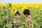 Boys walk on sunflowers field in sunny hot day. Two boys in the