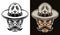 Boyscout men in hat with mustache vector illustration in two styles black on white and colorful on dark background