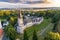 Bozkow palace on the panorama of sudety mountains aerial view