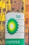 BP display stand from British Petroleum with company logo at a petrol station in Deventer, The Netherlands