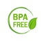BPA FREE logo. Green circle and leaf on white background. Flat icon for non-toxic plastic. Logo and badge for drinking water.