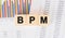BPM word written on wood block. Faqs text on table, concept