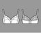 Bra soft cup lingerie technical fashion illustration with full adjustable shoulder straps, hook-and-eye closure. Flat