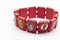 bracelets in red wood with various religious images on