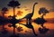 Brachiosaurus dinosaur at sunset by the lake.