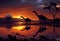 Brachiosaurus dinosaur at sunset by the lake.