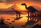 Brachiosaurus dinosaur at sunset by the lake.