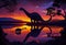 Brachiosaurus dinosaur at sunset by the lake.