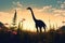 A Brachiosaurus wading through a meadow of wildflowers its long neck and tail silhouetted against the sky.. AI