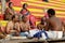 Brahmins (priests) perform puja - ritual ceremony at at holy ghats,Varanasi,India