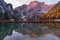Braies lake in late autumn, pearl of the Dolomite, UNESCO heritage