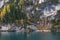 Braies lake in late autumn, pearl of the Dolomite, UNESCO heritage