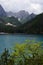 Braies lake seen from the path that surrounds Lake Braies. Dolomites, northern Italy, Europe