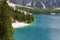 Braies lake seen from the path that surrounds Lake Braies. Dolomites, northern Italy, Europe