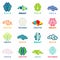 Brain 16 logos set. Collection of brain icons concept of human mind, creativity. Isolated. Vector