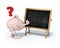 Brain with arms, legs and chalk on hand in front of blackboard