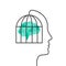 Brain as prisoner inside a cage and human head concept