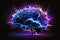 Brain blast, neon glowing brain with lightning bolts against a black background. Brainstorm, brain activity
