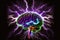 Brain blast, neon glowing brain with lightning bolts against a black background. Brainstorm, brain activity