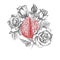 Brain with bouquet roses Realistic hand-drawn icon of human internal organ and flower frame. Engraving art. Sketch style