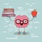 Brain cartoon with glasses with books and apple in hands with background light blue