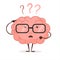 Brain cartoon with questions and glasses, human intellect thinks, Brainstorming. Vector