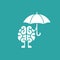 brain character with umbrella icon. Intellect, phsychology, knowledge simple pictogram isolated on blue