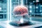 Brain with chips embedded is like an ultracomputer. Hi-tech technologies. Futuristic white laboratory of the future on the