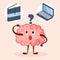 Brain cute cartoon character choose laptop or book education method vector illustration.