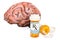 Brain and drugs concept. Human brain with medical bottles and pi