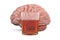 Brain and glass with alcohol drink, alcoholism concept. 3D