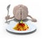 Brain with hands, fork in front of a spaghetti dish